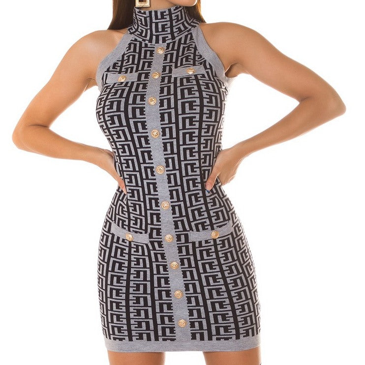 Gray jacquard halter neck knit mini dress with gold buttons - front view