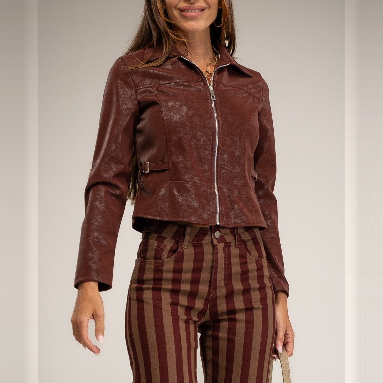 Mahogany Wine cropped vintage faux leather jacket with shirt collar and belt loops - front view