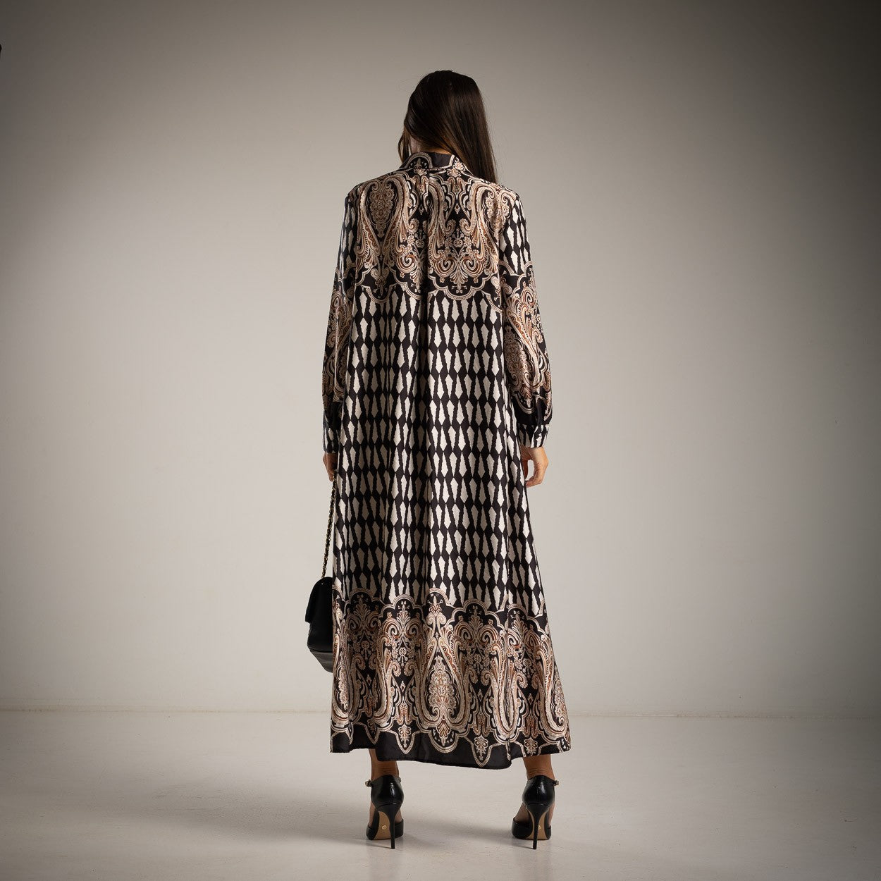 Back view of elegant black maxi dress with baroque border – Made in Italy | MARIΓIOÚ