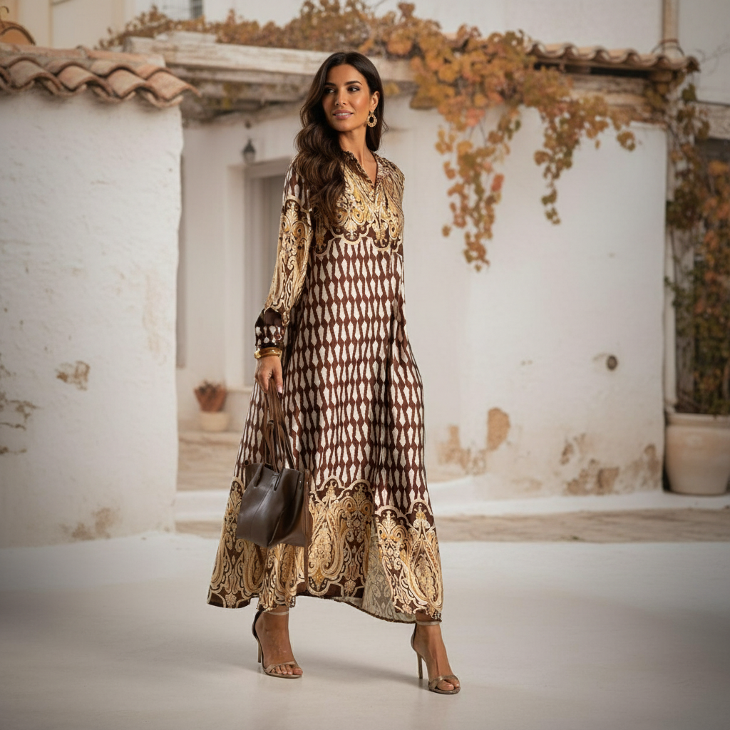 Elegant chocolate patterned maxi dress with paisley print – front view | MARIΓIOÚ