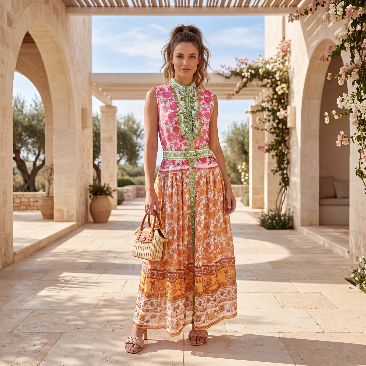 MARIΓIOÚ floral statement maxi dress with vibrant Mediterranean-inspired print and matching waist belt front view