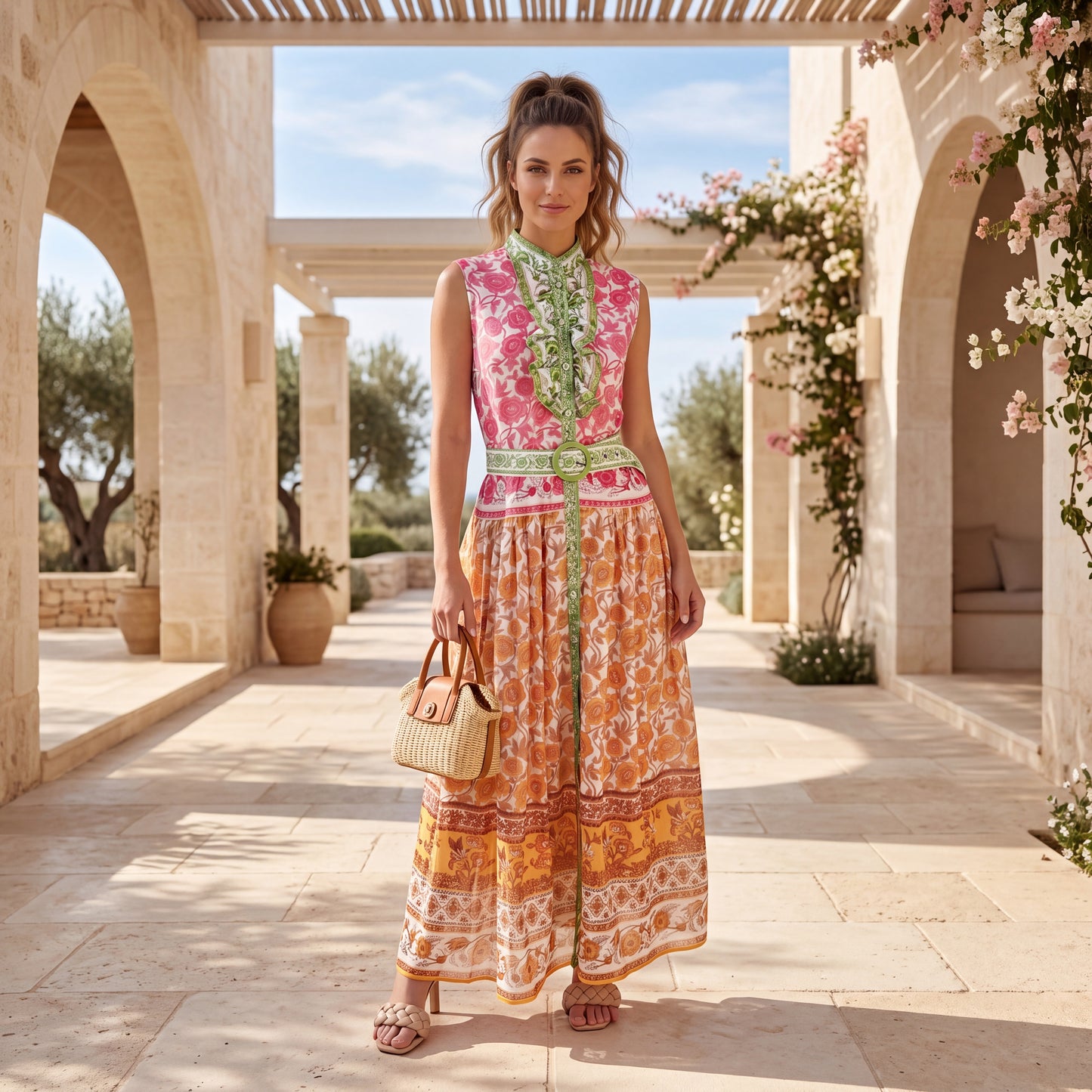 MARIΓIOÚ floral statement maxi dress with vibrant Mediterranean-inspired print and matching waist belt front view