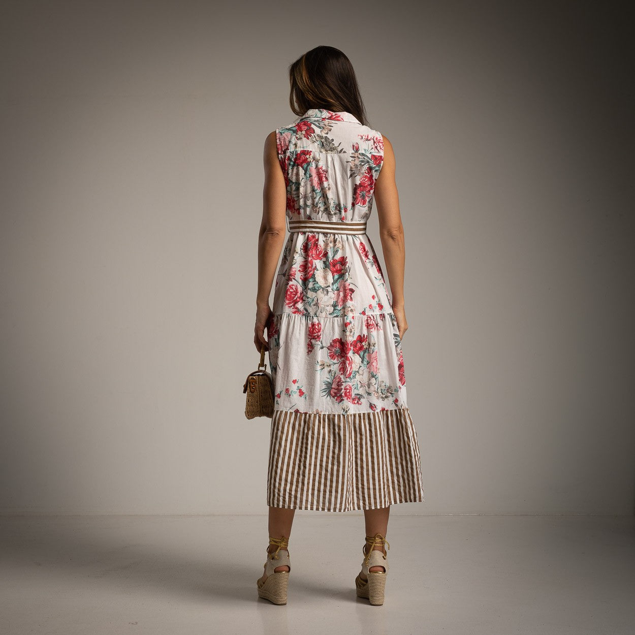 Back view of MARIΓIOÚ floral shirt dress in Chocolate with striped hem detail