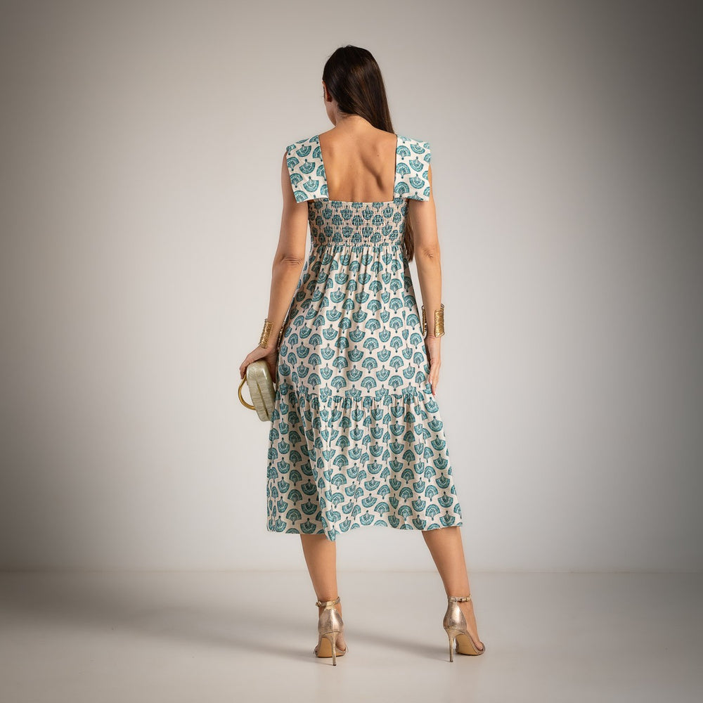 Back view of Ocean Mosaic Mediterranean print midi dress with elasticated back