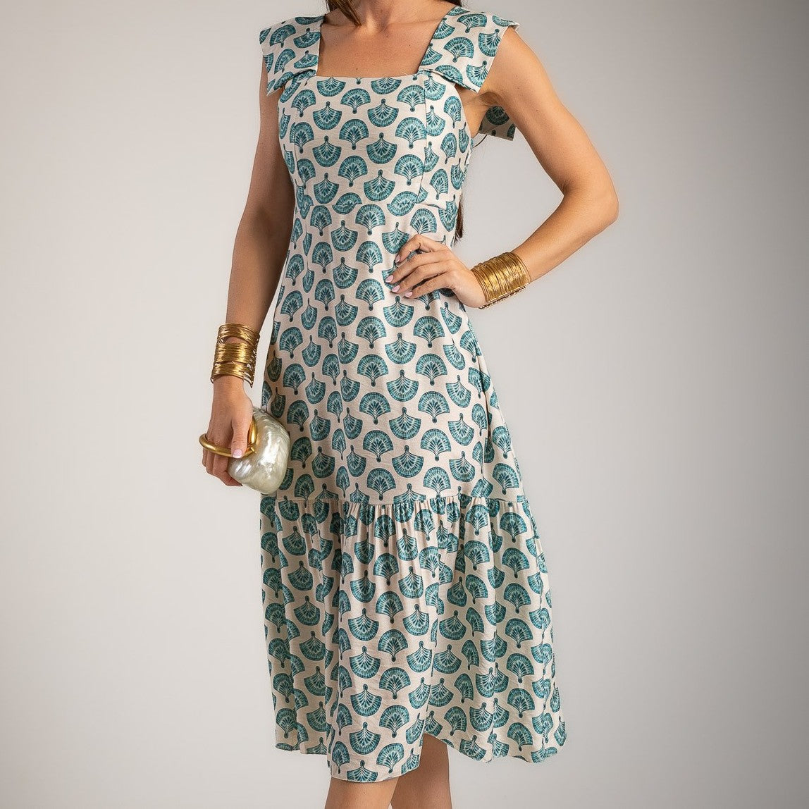 Close-up of Ocean Mosaic midi dress featuring a Mediterranean-inspired fan print