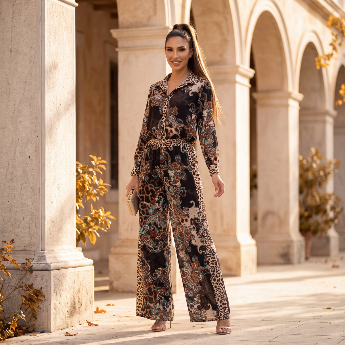 Black paisley and leopard print two-piece set with button-down blouse and wide-leg pants by MARIΓIOU