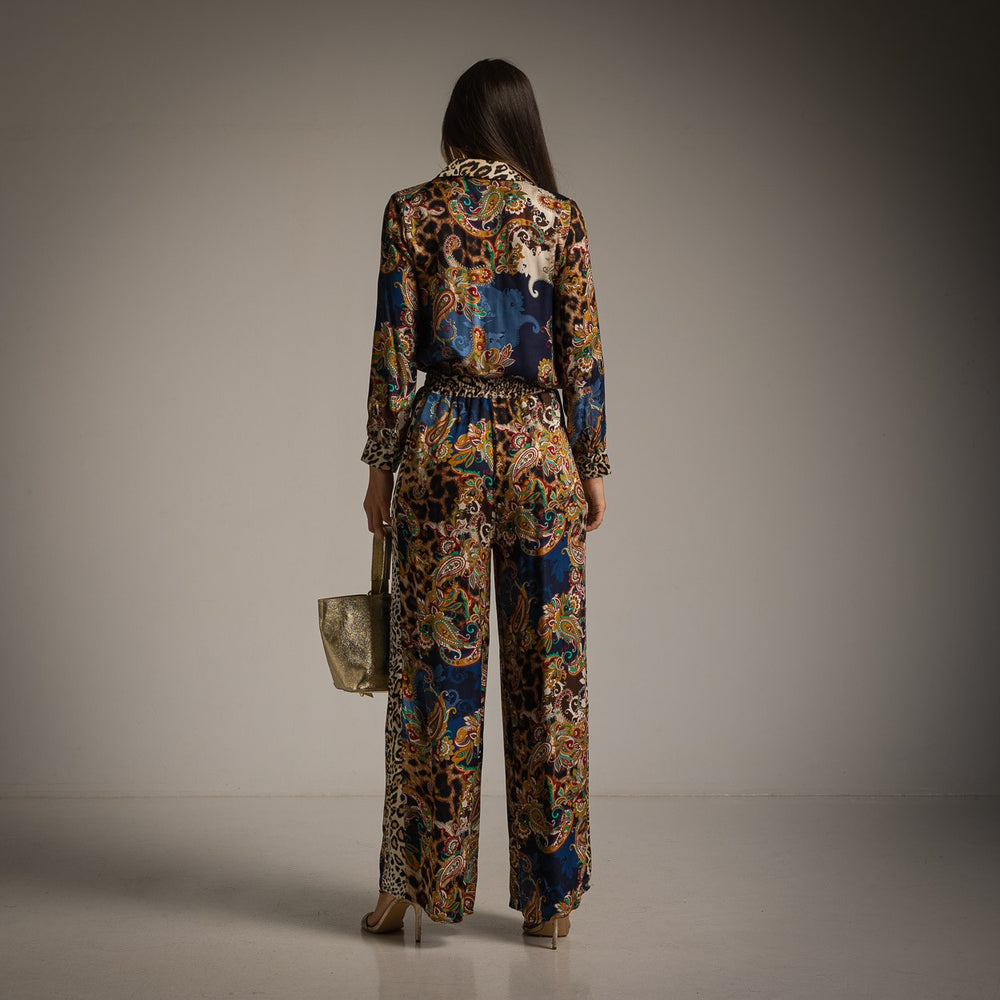 Midnight Blue paisley and leopard print two-piece set with button-down blouse and wide-leg pants - back view