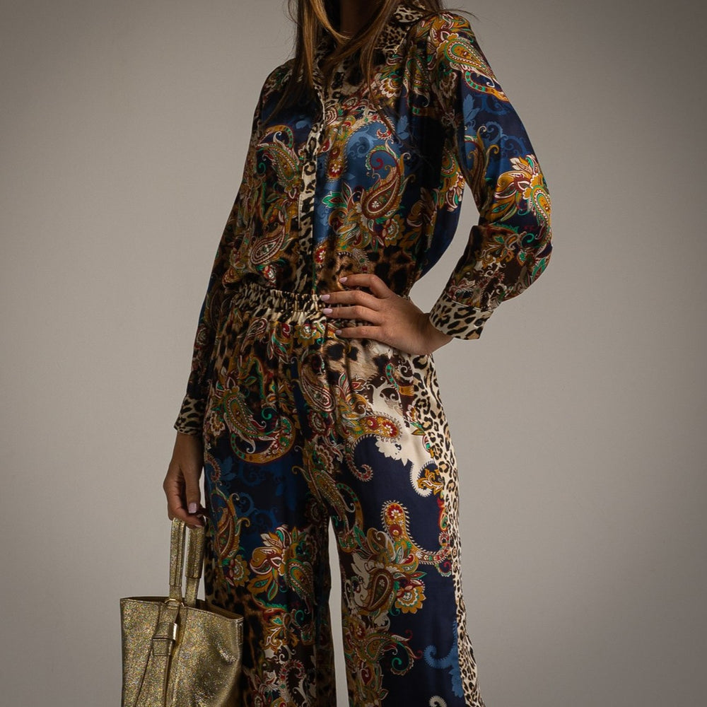 Midnight Blue paisley and leopard print two-piece set with button-down blouse and wide-leg pants - front view