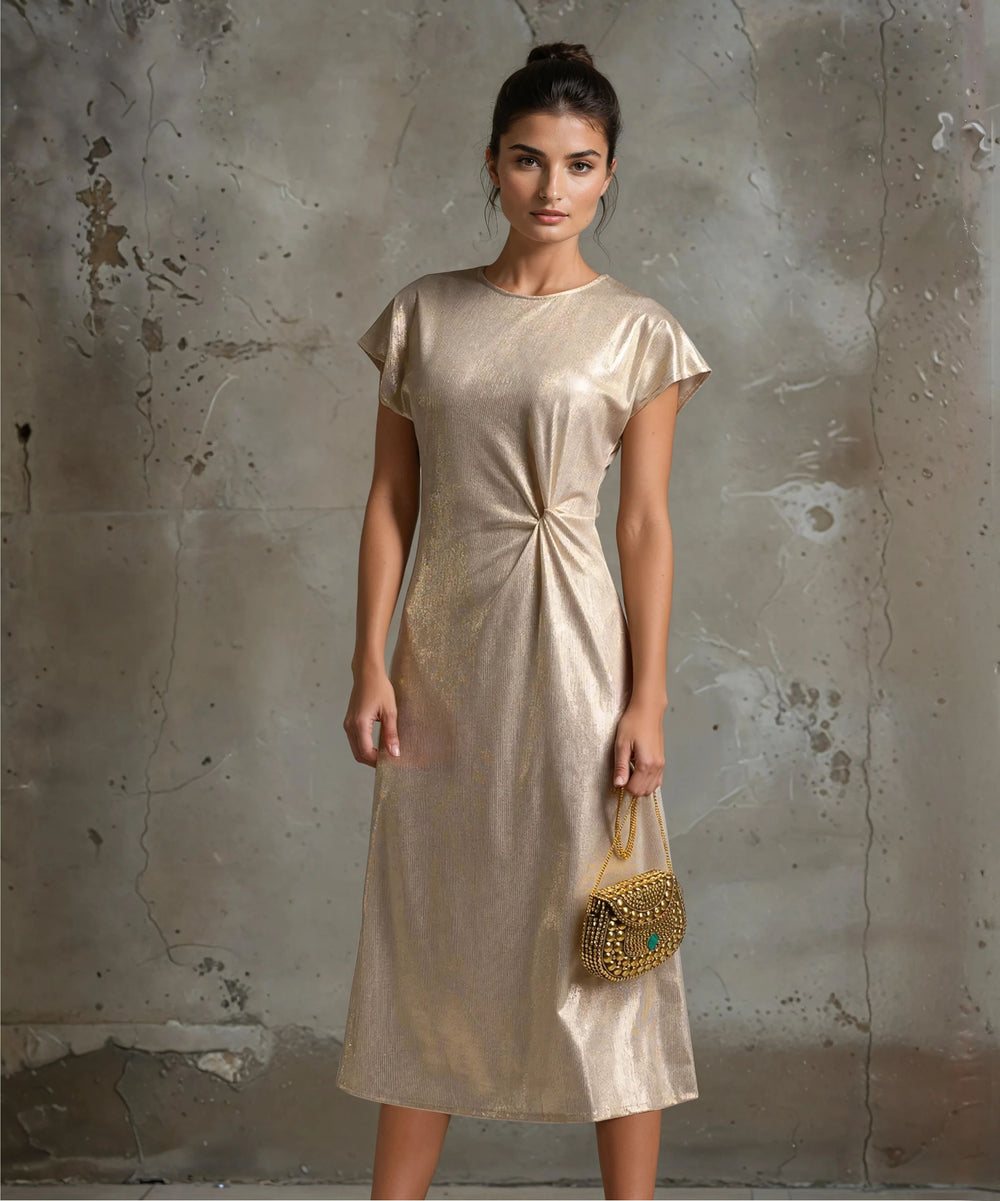 MARIΓIOÚ metallic shimmer midi dress beige front view