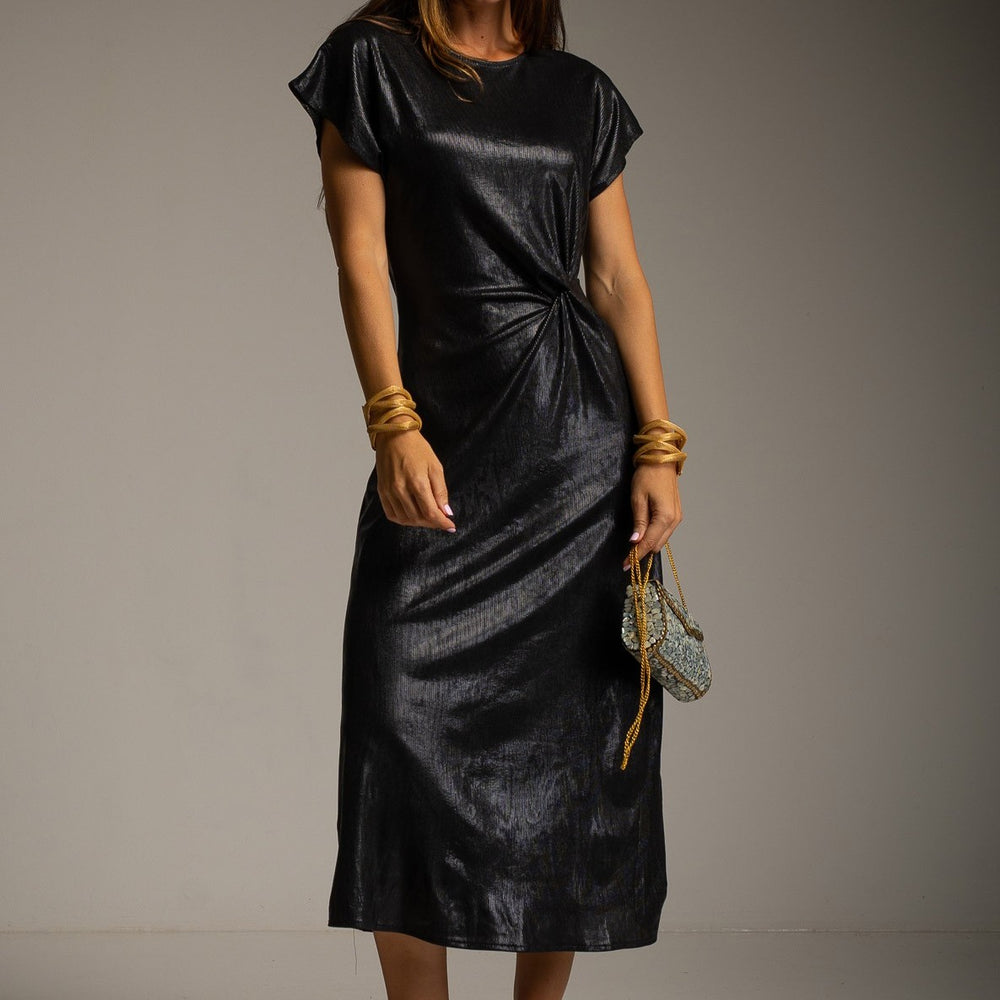 MARIΓIOÚ metallic shimmer midi dress black close-up