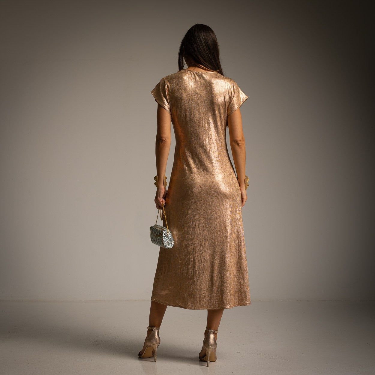 MARIΓIOÚ metallic shimmer midi dress gold back view