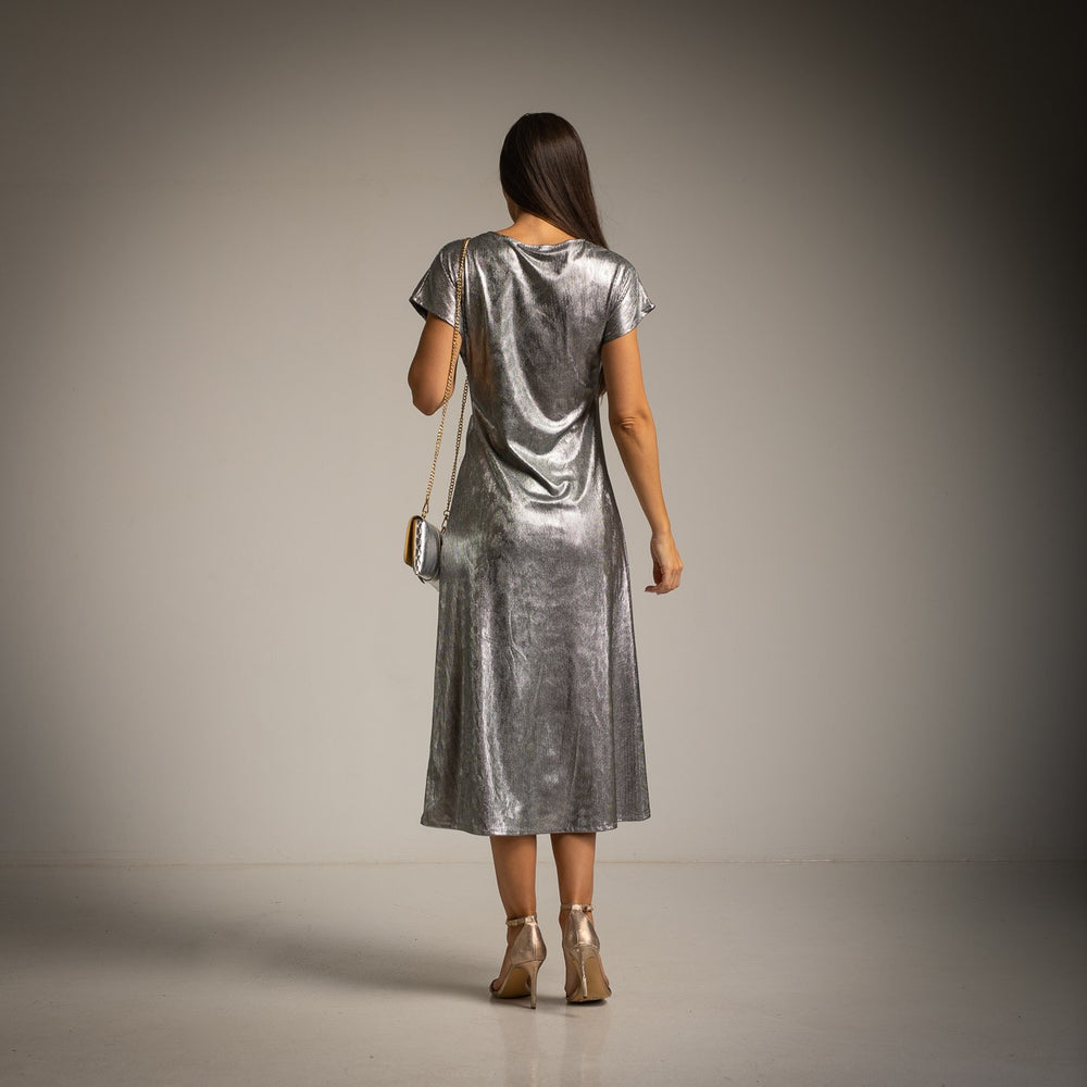 MARIΓIOÚ metallic shimmer midi dress silver back view