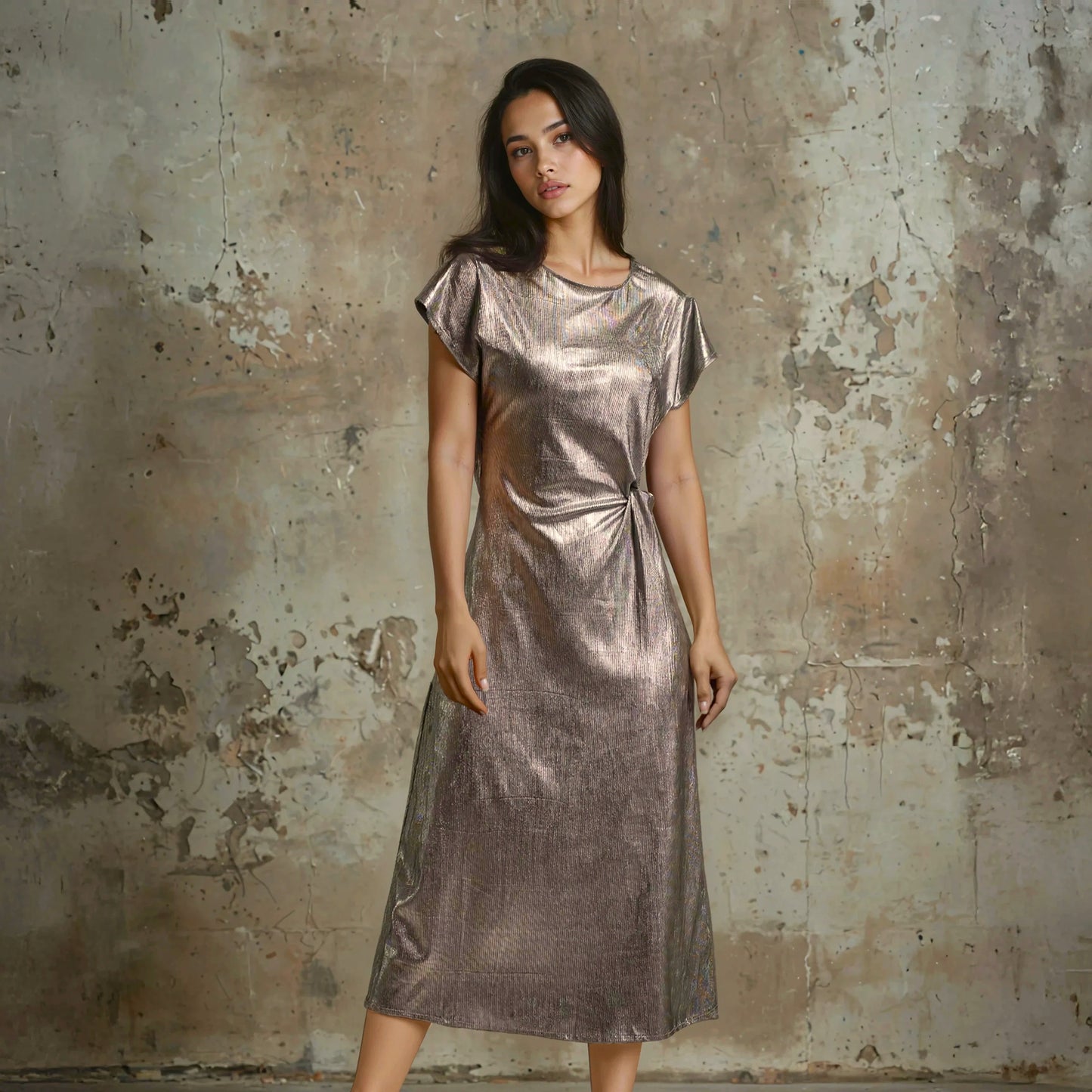 MARIΓIOÚ metallic shimmer midi dress silver close-up front