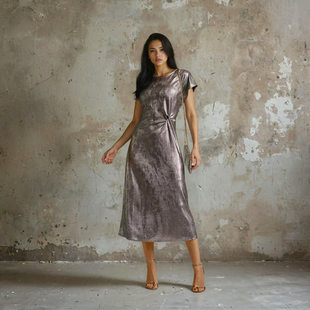 MARIΓIOÚ metallic shimmer midi dress silver full body view