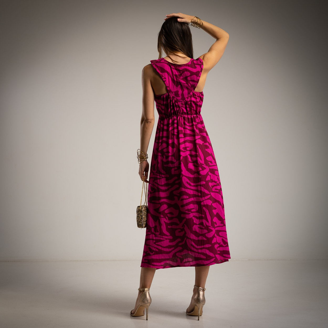 summer midi dress bougainvillea pink abstract print back view italian viscose marigiou