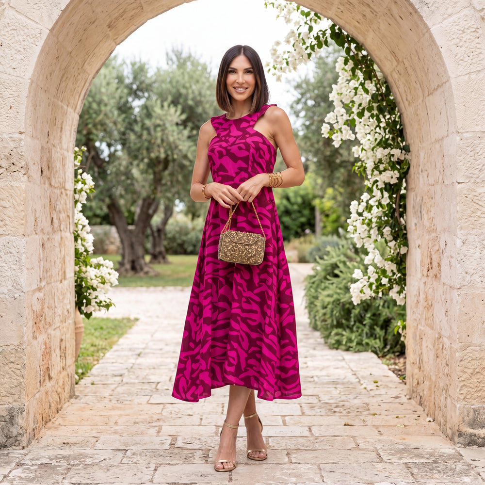 summer midi dress bougainvillea pink mediterranean summer look marigiou