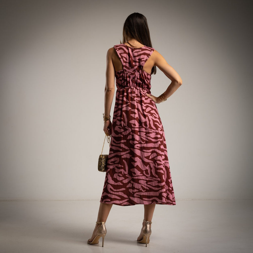 summer midi dress dusty rosewood pink abstract print back view italian viscose marigiou