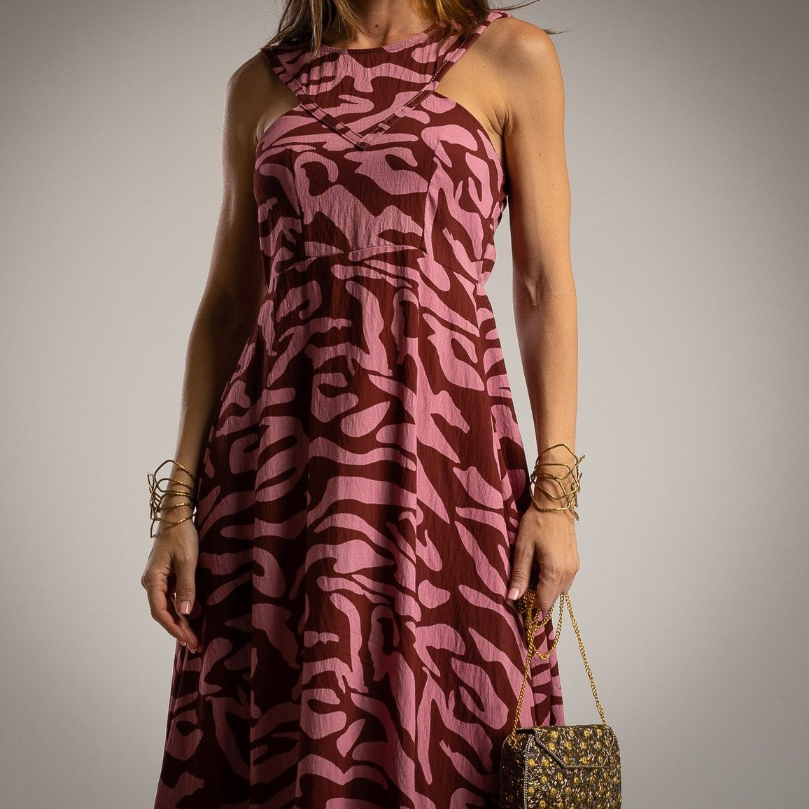 summer midi dress dusty rosewood pink abstract print detail front italian viscose marigiou