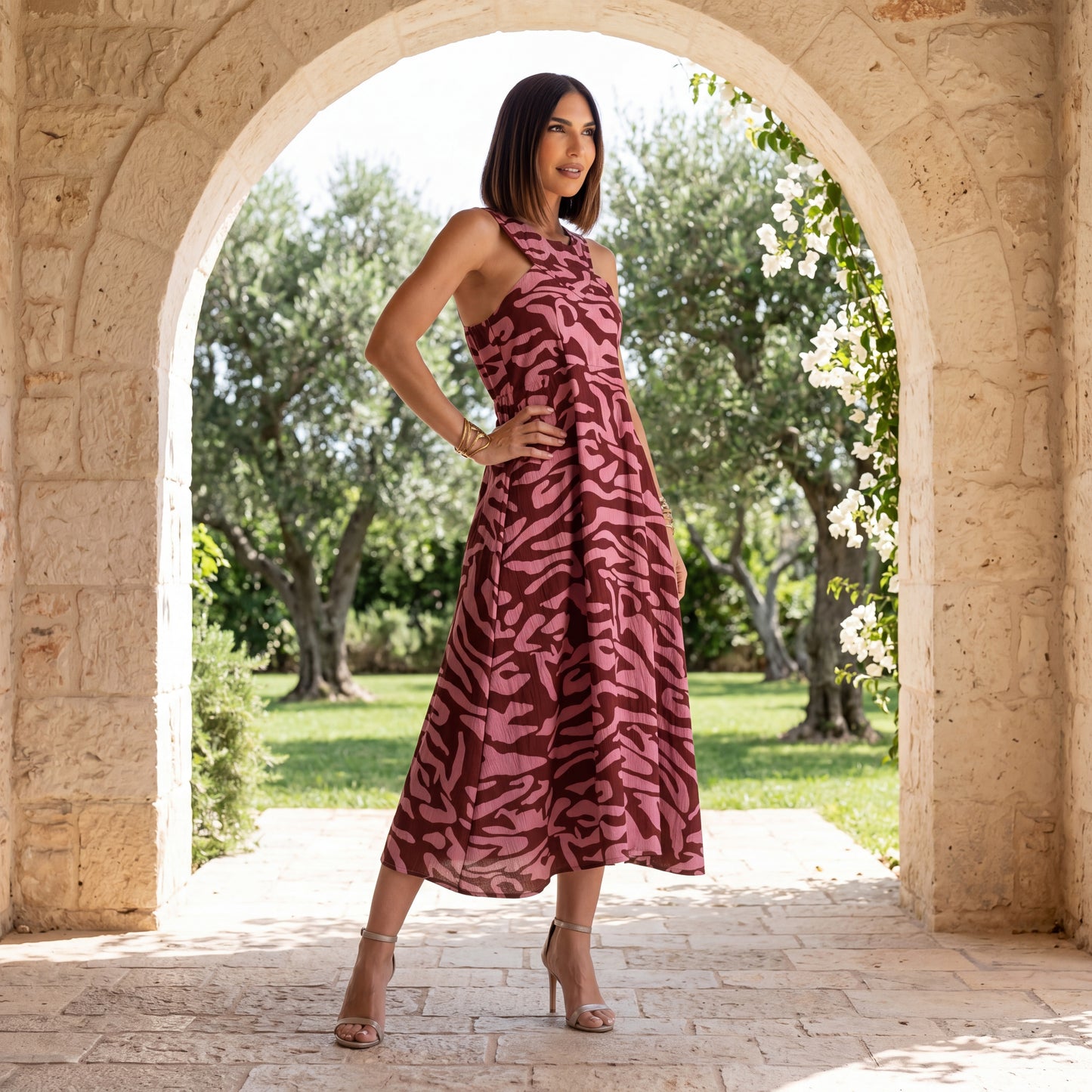 summer midi dress dusty rosewood pink mediterranean style marigiou