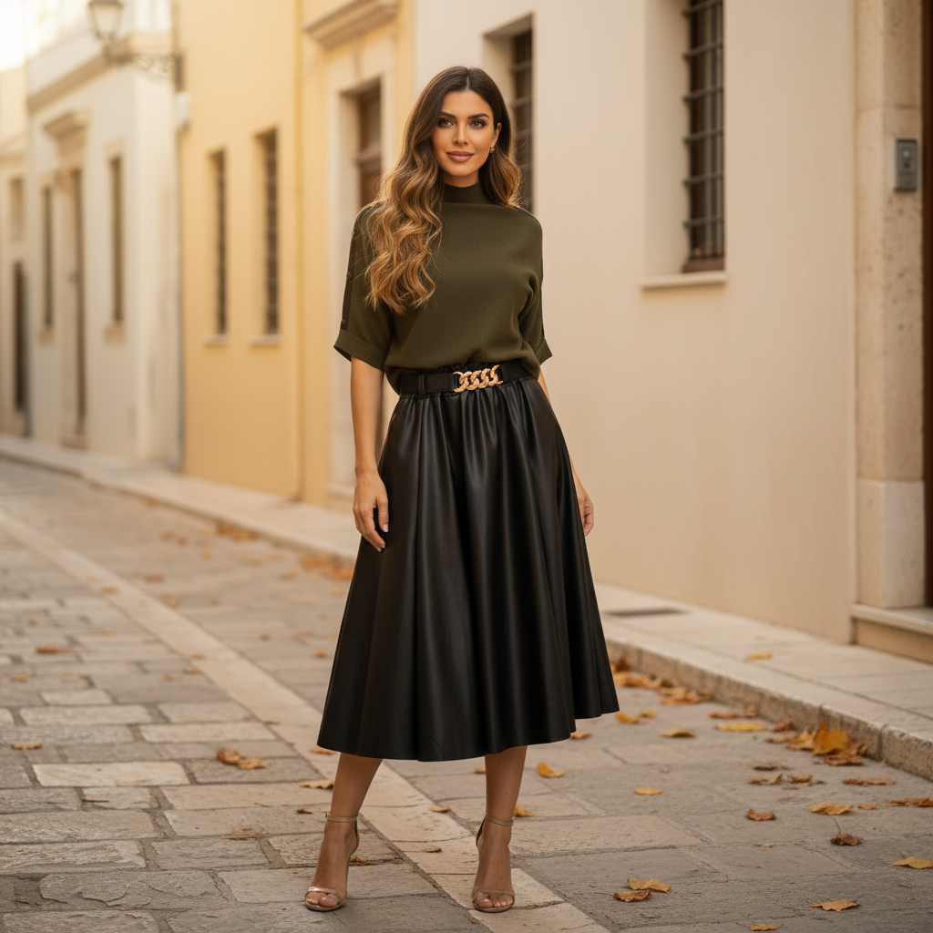 marigiou midi eco leather skirt black street style