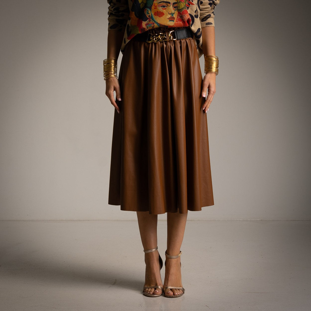 marigiou midi eco leather skirt brown front view