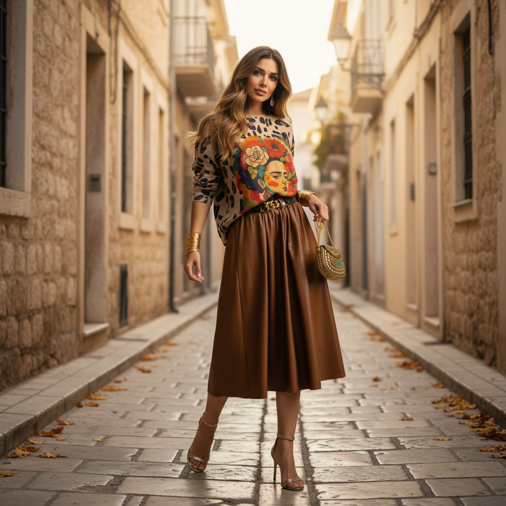 marigiou midi eco leather skirt brown street style