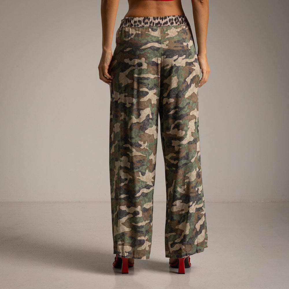 Back view of the Mila camouflage wide-leg pants with relaxed fit