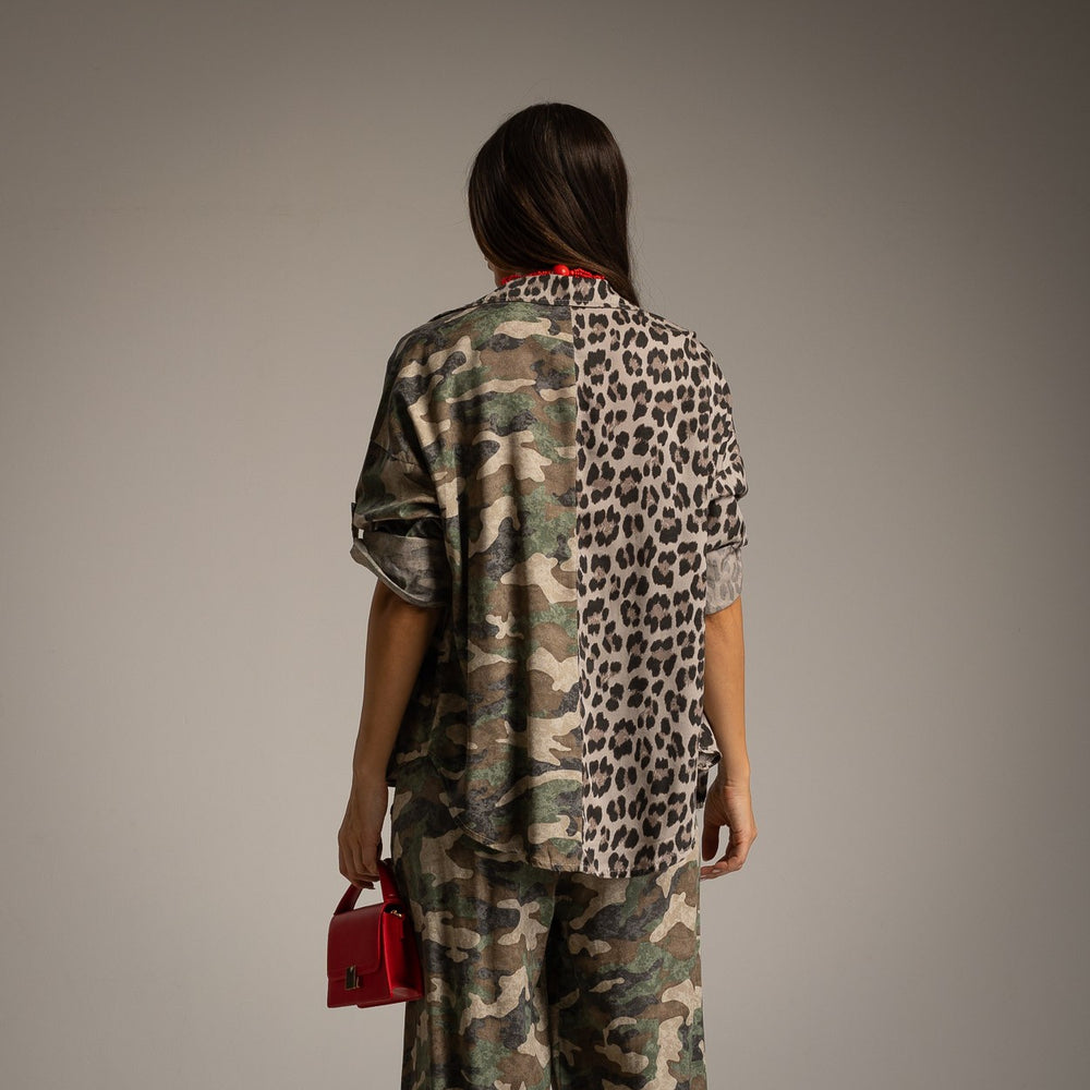 Back view of the Mila mixed-print oversized shirt with camouflage and leopard print