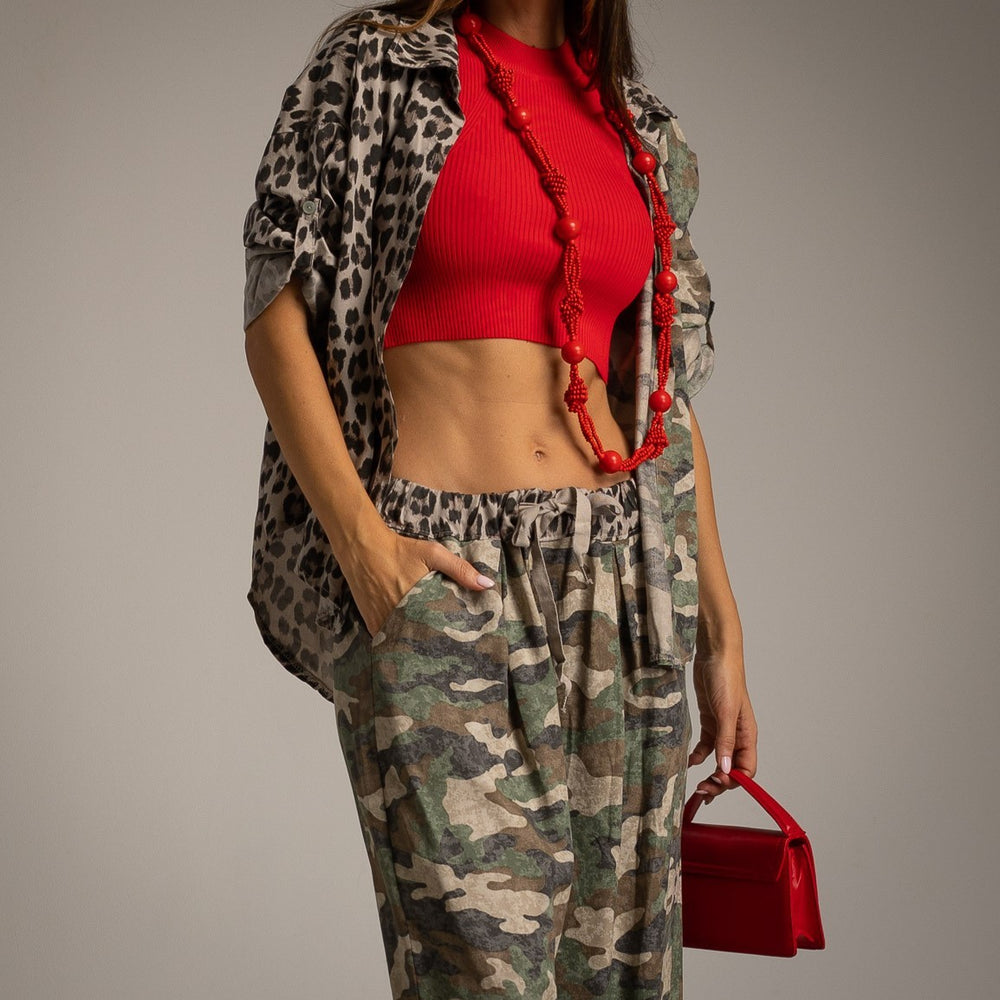 Mila mixed-print oversized shirt with camouflage and leopard print