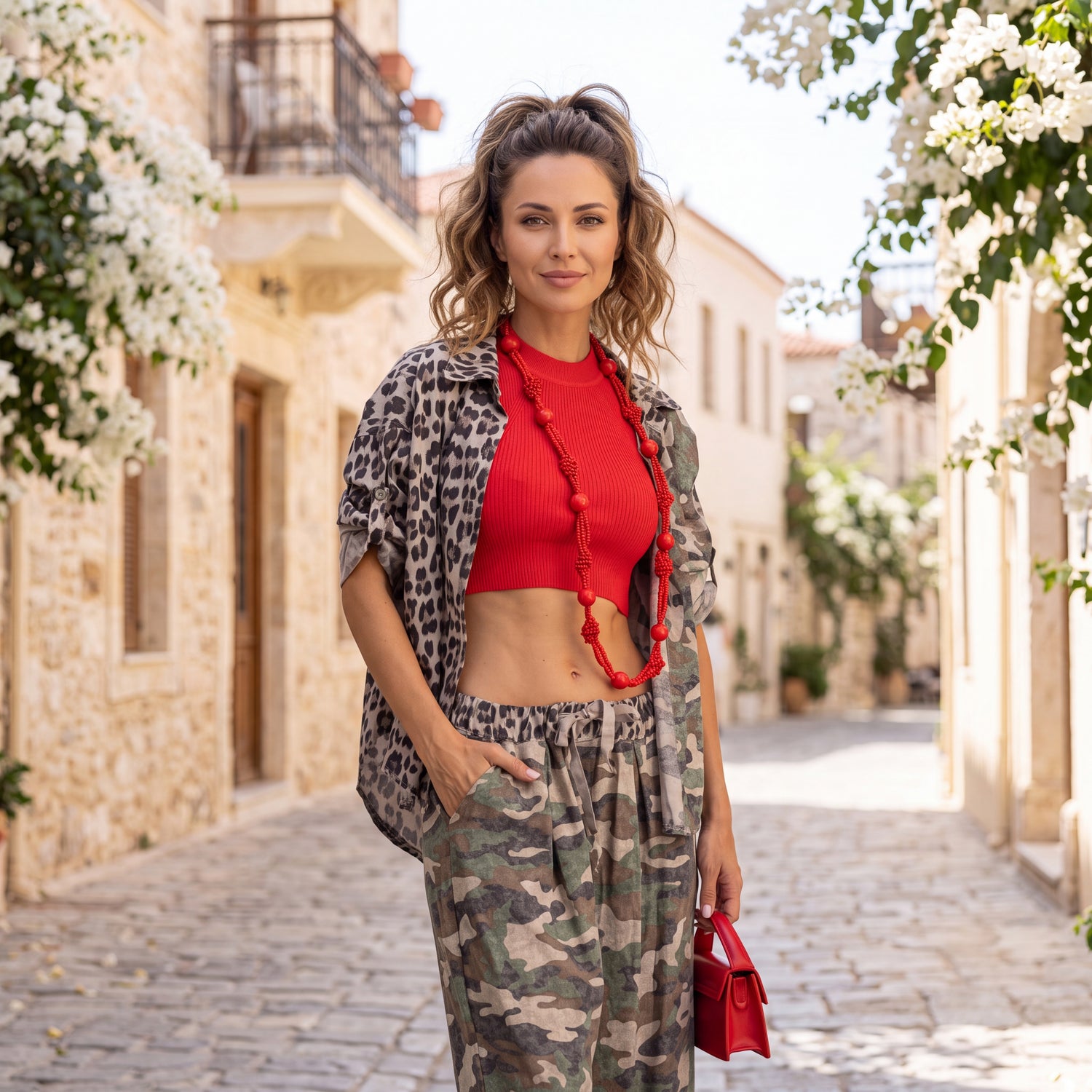 Woman wearing the Mila mixed-print oversized shirt with the matching camouflage wide-leg pants