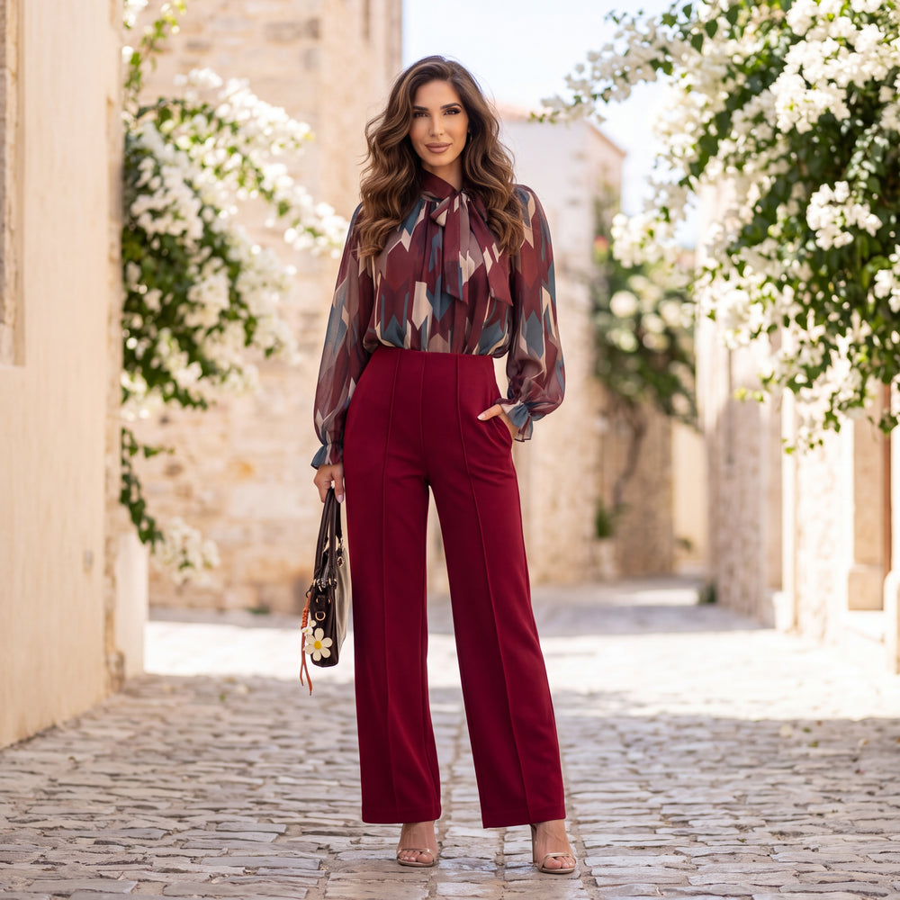 Deep Wine Red high-waisted flared trousers with a pressed centre seam by MARIΓIOU