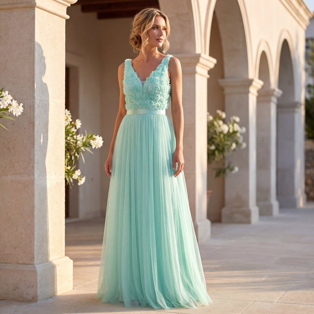 Mint tulle maxi dress with floral bodice detail by MARIΓIOÚ