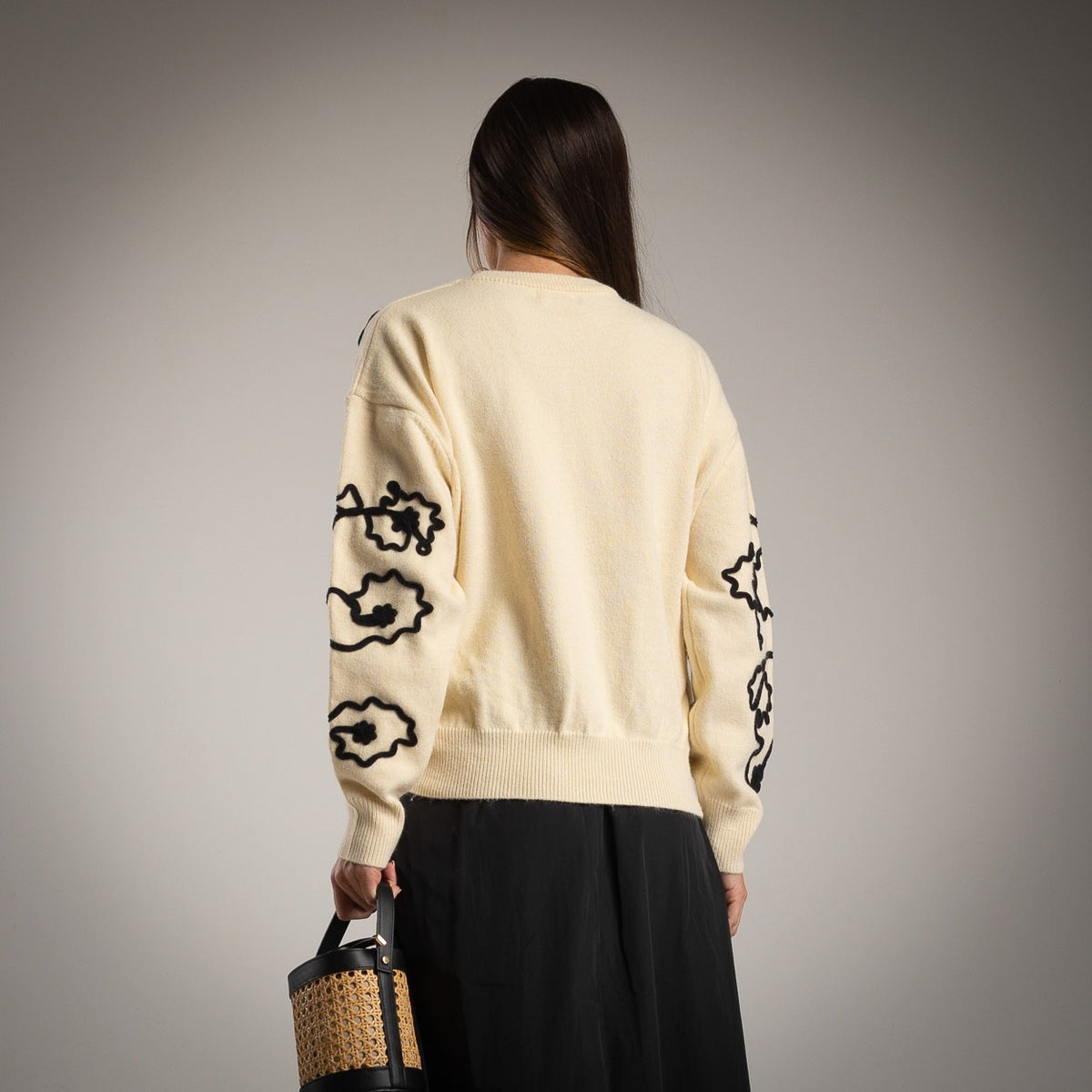 Ivory White floral embroidered knit sweater with balloon sleeves - back view