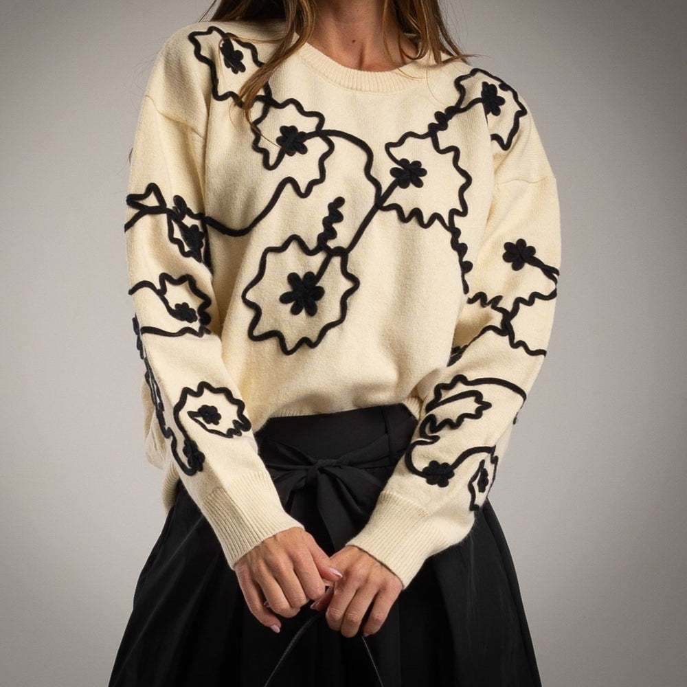 Ivory White floral embroidered knit sweater with balloon sleeves - front view
