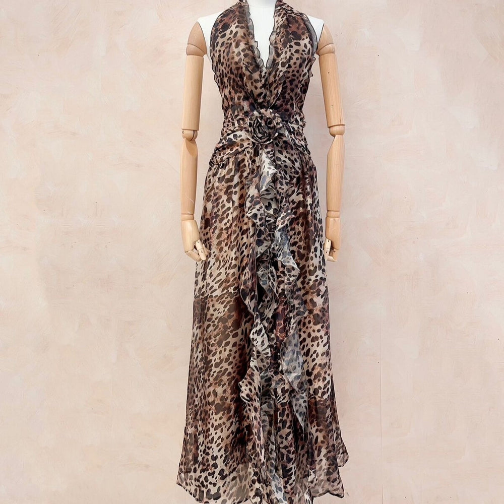 Mocha leopard halterneck chiffon maxi dress with floral waist detail front view