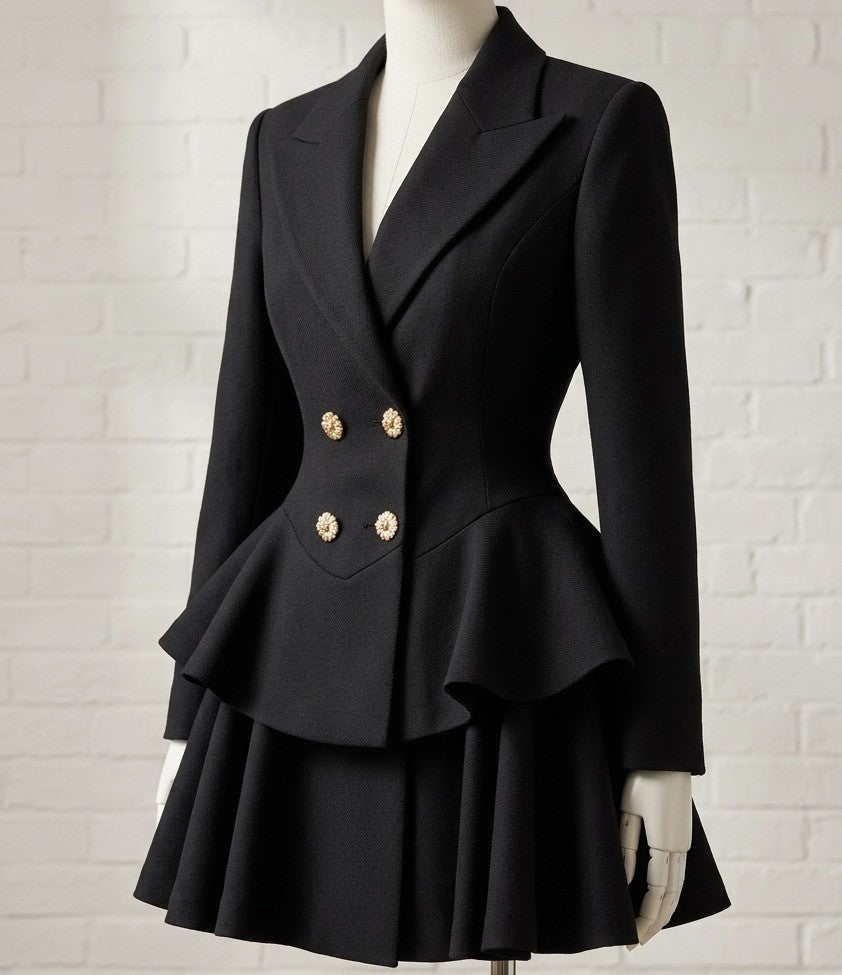 Elegant black peplum blazer with structured tailoring and gold decorative buttons on mannequin