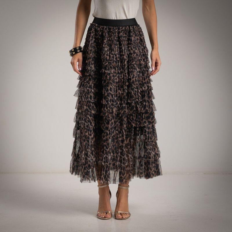 Cocoa Brown tiered tulle midi skirt with ruffled layers in leopard print and elasticated waist - front view