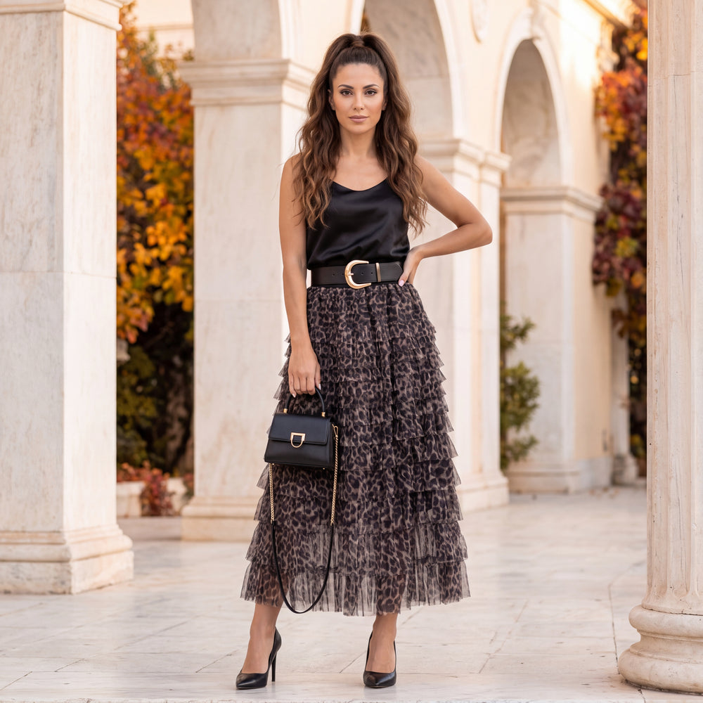 Cocoa Brown tiered tulle midi skirt with ruffled layers in leopard print and elasticated waist - styled look by MARIΓIOU