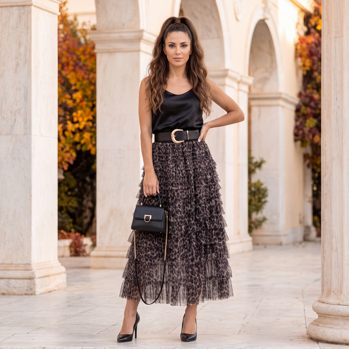 Cocoa Brown tiered tulle midi skirt with ruffled layers in leopard print and elasticated waist - styled look by MARIΓIOU