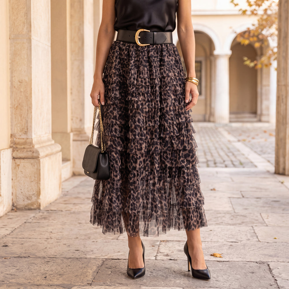 Cocoa Brown tiered tulle midi skirt with ruffled layers in leopard print and elasticated waist by MARIΓIOU