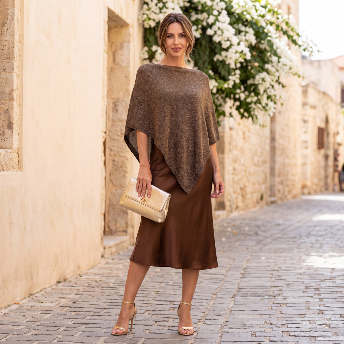 Brown asymmetric lurex poncho with shimmering metallic knit by MARIΓIOU