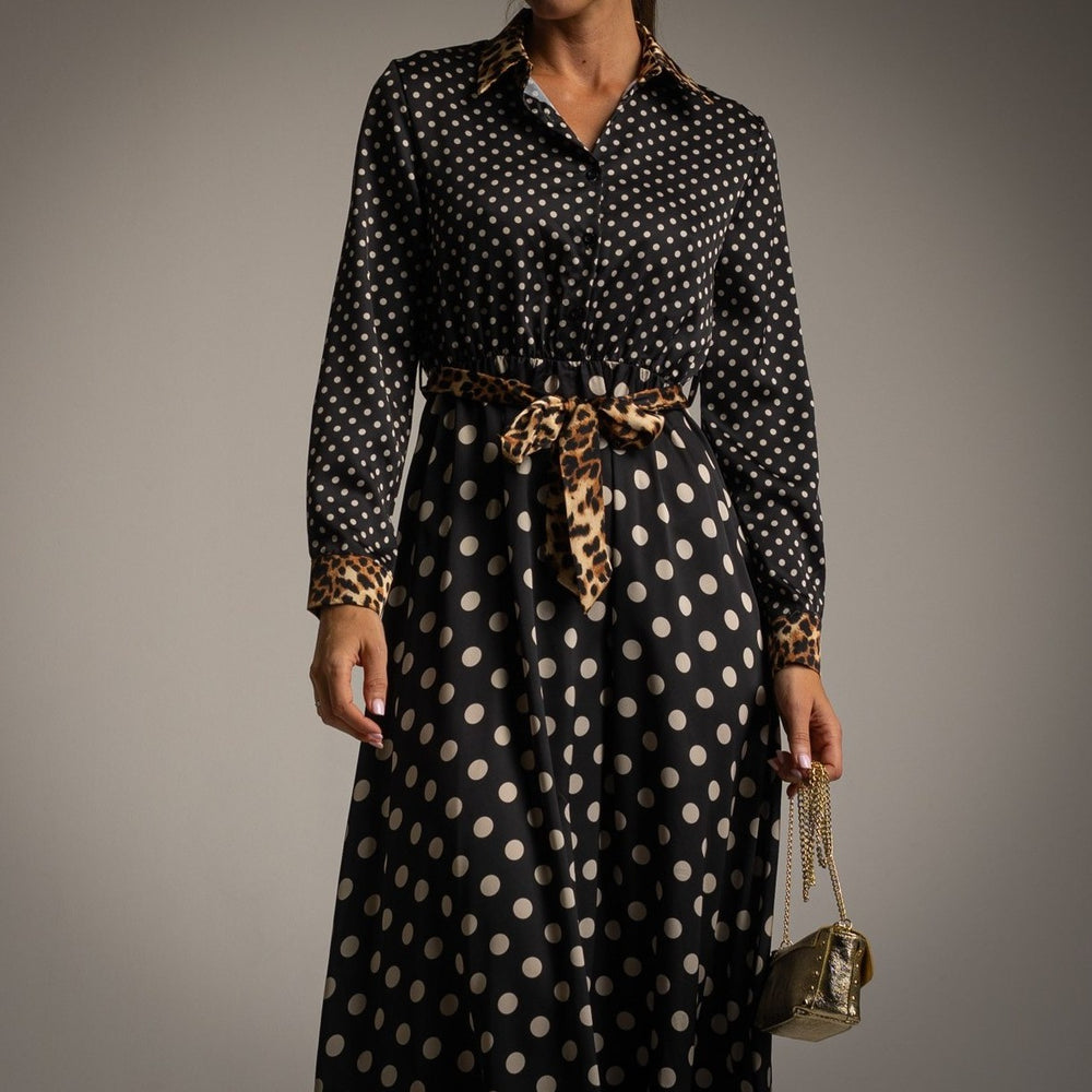 Black polka dot shirt dress with leopard print collar, cuffs and tie belt - front view