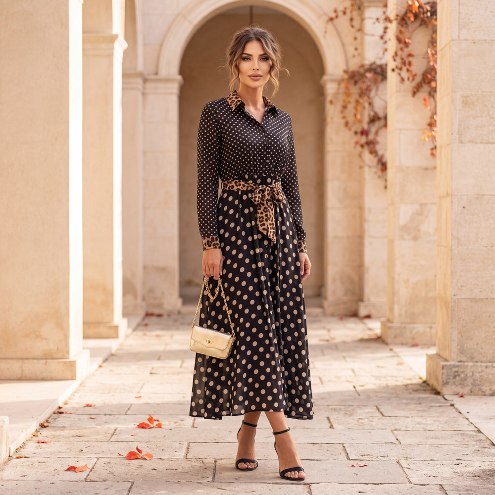 Black polka dot shirt dress with leopard print collar, cuffs and tie belt by MARIΓIOU