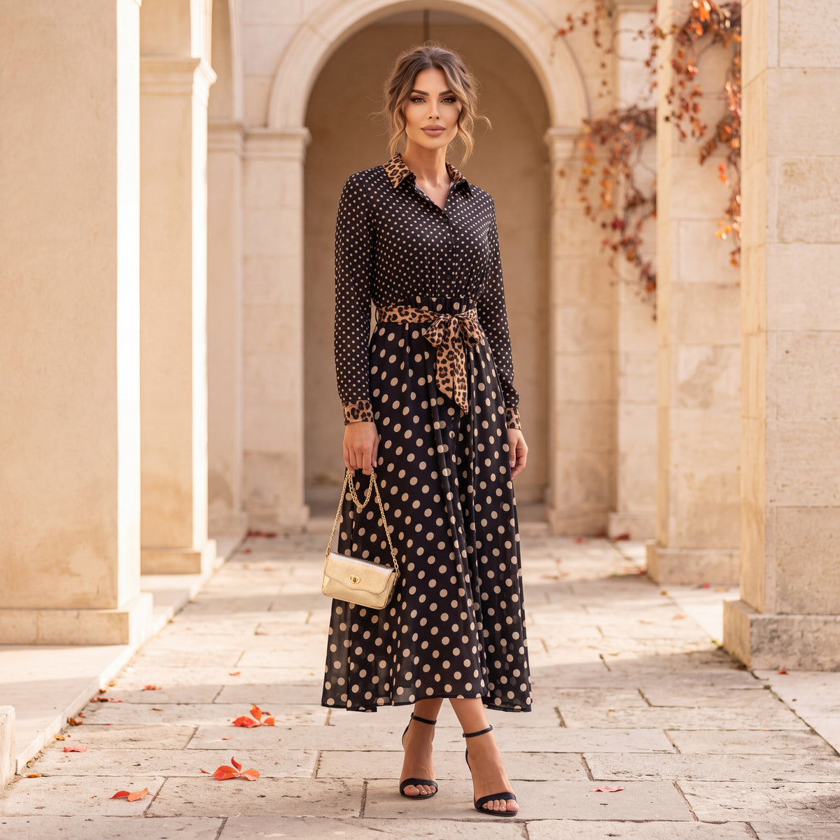 Black polka dot shirt dress with leopard print collar, cuffs and tie belt by MARIΓIOU