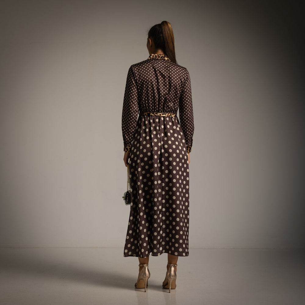Cocoa Brown polka dot shirt dress with leopard print collar, cuffs and tie belt - back view