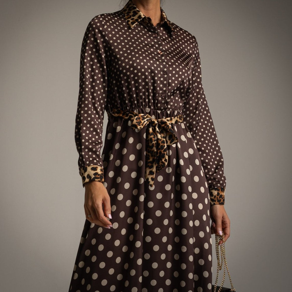 Cocoa Brown polka dot shirt dress with leopard print collar, cuffs and tie belt - front view