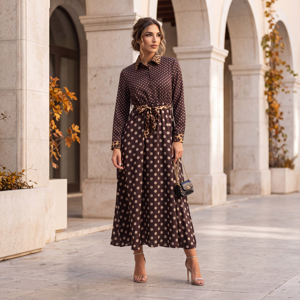 Cocoa Brown polka dot shirt dress with leopard print collar, cuffs and tie belt by MARIΓIOU