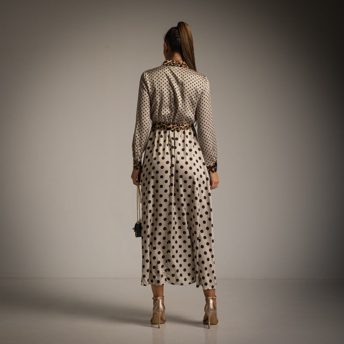 Latte Beige polka dot shirt dress with leopard print collar, cuffs and tie belt - back view