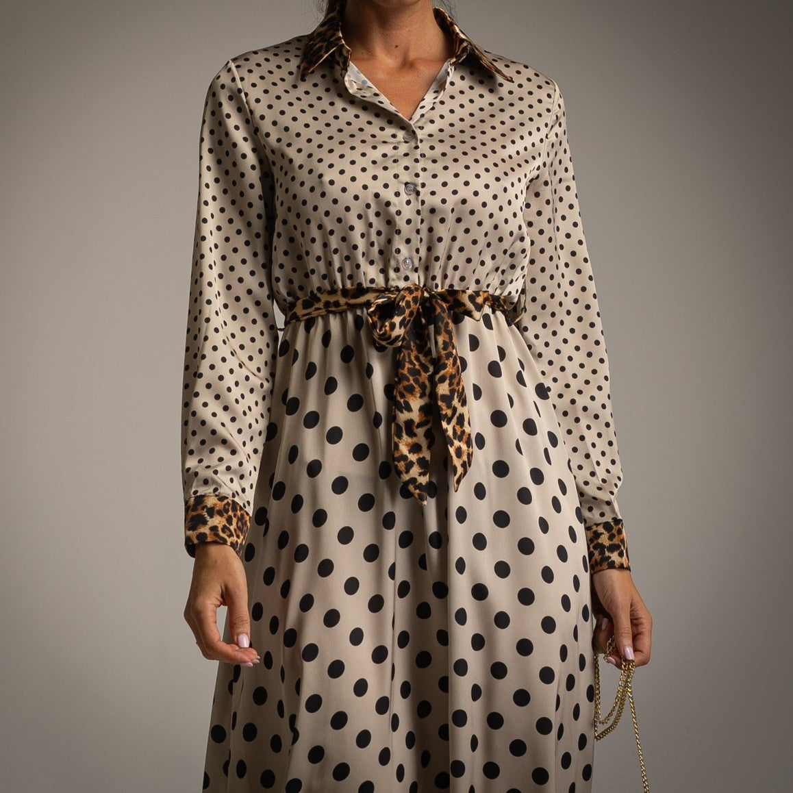 Latte Beige polka dot shirt dress with leopard print collar, cuffs and tie belt - front view