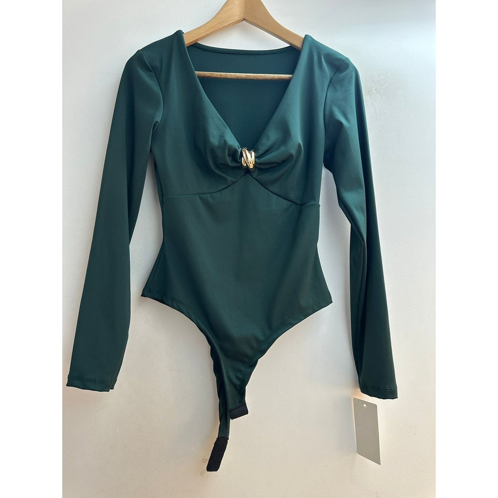 Emerald Oasis long sleeve bodysuit with V-neck and gold ring twist front - front view